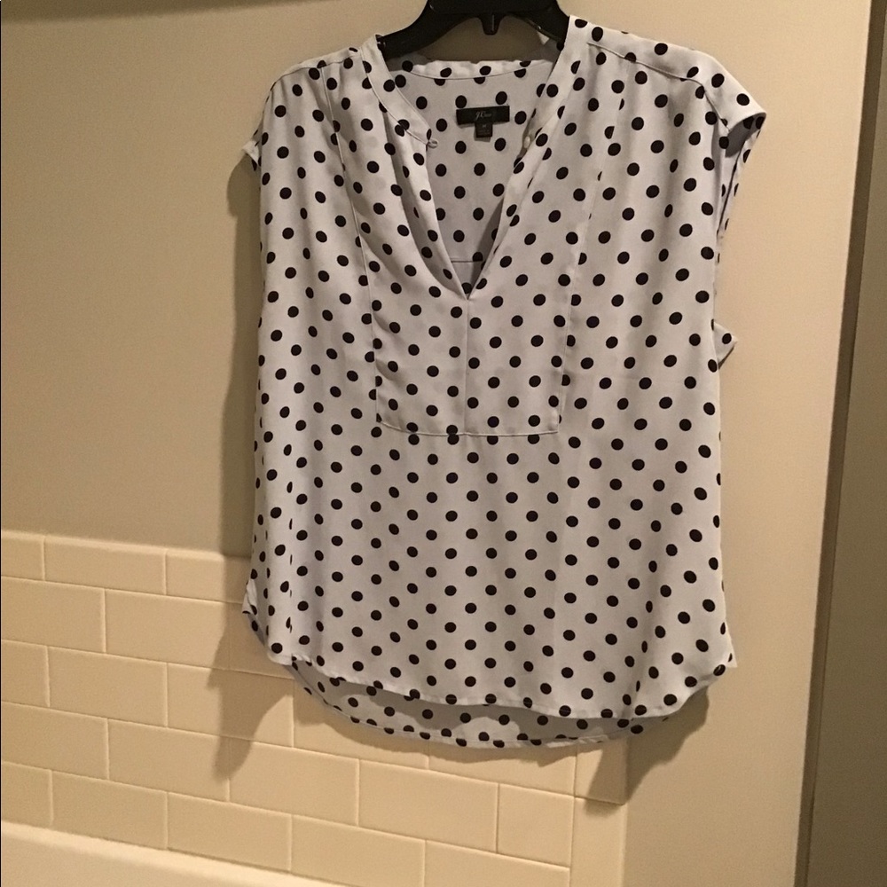 J crew blouse, blue grey with navy polka dots